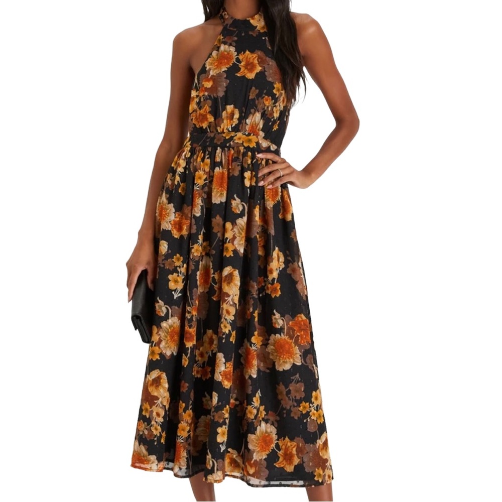 Lulu's Black Halter Floral Midi Dress with Orange & Brown Blooms - Picture 1 of 10
